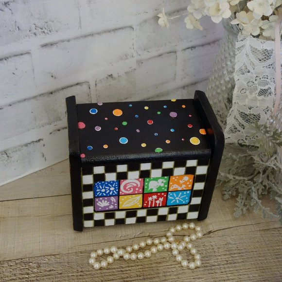 Hand Painted Whimsy Recipe Box Vintage Checks Decorative Box Whimsical Decor - Picture 5 of 9